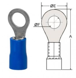 Terminal, eltrico, olhal, pr-isolado, reforado, 1,5~2,5 mm, A=21 mm, E=8 mm, F=3,3 mm (M3), azul.