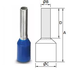  Terminal, eltrico, pino, tubular, pr-isolado, 16 mm, A=31,7 mm, B=6,2 mm, C=9,8 mm, D=22 mm, azul.