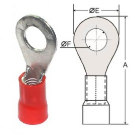 Terminal, eltrico, olhal, pr-isolado, reforado, 0,5~1,5 mm, A=27 mm, E=12 mm, F=8,3 mm (M8), vermelho.