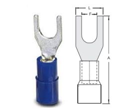  Terminal, eltrico, garfo, pr-isolado, reforado, 1,5~2,5 mm, A=21,5 mm, F=3,3 mm, L=6,5 mm (M3), azul.