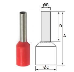  Terminal, eltrico, pino, tubular, pr-isolado, 1 mm, A=14,3 mm, B=1,7 mm, C=3,6 mm, D=8 mm, vermelho.