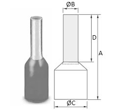 Terminal, eltrico, pino, tubular, pr-isolado, 4 mm, A=19,4 mm, B=3,2 mm, C=5,5 mm, D=12 mm, cinza.