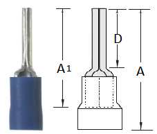 Terminal, eltrico, pino, pr-isolado, reforado, de 1,5~2,5 mm, A=24 mm, A1=18 mm, D=12 mm, azul