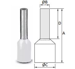 Terminal, eltrico, pino, tubular, pr-isolado, 0,5 mm, A=14 mm, B=1,3 mm, C=3,4 mm, D=8 mm, branco.