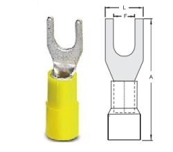 Terminal, eltrico, garfo, pr-isolado, reforado, 4~6 mm, A=26 mm, F=4,3 mm, L=7,5 mm (M4), amarelo.