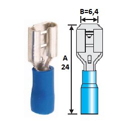 Terminal, eltrico, fmea, pr-isolado, reforado, 1,5~2,5 mm, A=24 mm, B=6,4 mm, azul.