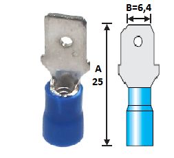 Terminal, eltrico, macho pr-isolado, reforado, 1,5~2,5 mm, A=25 mm, B=6,4 mm, azul.