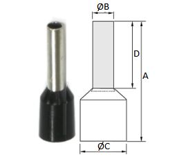  Terminal, eltrico, pino, tubular, pr-isolado, 1,5 mm, A=14,3 mm, B=2 mm, C=4 mm, D=8 mm, preto.