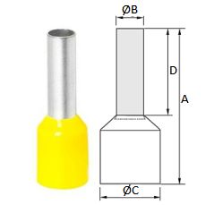 Terminal, eltrico, pino, tubular, pr-isolado, 25 mm, A=28 mm, B=7,9 mm, C=12 mm, D=16 mm, amarelo.