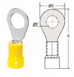 Terminal, eltrico, olhal, pr-isolado, reforado, 4,0~6,0 mm, A=31 mm, E=9,5 mm, F=5,2 mm (M5), amarelo.